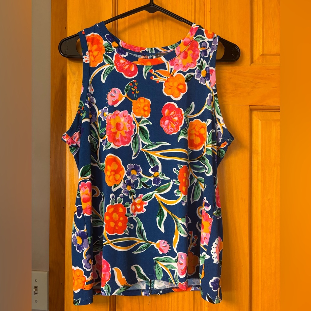 Vince Camuto Back Keyhole Navy Floral Sleeveless Top with Orange & Pink Blooms